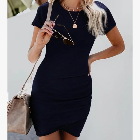 Navy Blue Ruched Bodycon Mini Dress Short Sleeve Tulip Hem - Picture 3 of 3